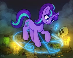 Size: 2000x1600 | Tagged: safe, artist:asimos, starlight glimmer, pony, unicorn, g4, book, candle, crystal, fog, inkwell, magic, magic circle, quill, s5 starlight, skull, solo