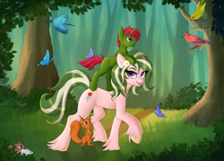 Size: 4612x3312 | Tagged: safe, artist:olala, oc, oc:rose garden, oc:rose quartz, bird, butterfly, earth pony, mouse, pony, squirrel, unicorn, amazed, brother and sister, bush, commission, commissioner:shoemakerpony, cute, dirt road, female, flower, forest, grass, green fur, green hair, male, nature, purple eyes, red hair, siblings, talking, teaching, tree, two toned hair, unshorn fetlocks, violet eyes, walking, young