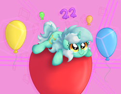 Size: 3640x2818 | Tagged: safe, artist:background basset, lyra heartstrings, pony, unicorn, g4, abstract background, balloon, cute, female, high res, lying down, lyrabetes, mare, prone, smiling, solo