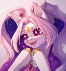 Size: 2400x2600 | Tagged: safe, artist:miurimau, oc, oc only, pony, bow, colored hooves, cute, elegant, ethereal mane, forehead jewel, gold hooves, hair accessory, happy, high res, hooves, jewelry, ocbetes, pigtails, pretty, solo, sparkles, starry mane, symbolism, two toned mane, unshorn fetlocks, wingding eyes