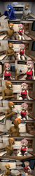 Size: 1440x7202 | Tagged: safe, artist:spud, button mash, princess luna, sweetie belle, alicorn, earth pony, unicorn, anthro, comic:family bonds, g4, 3d, bed, bedroom, blushing, book, bookshelf, breasts, clothes, comic, conversation, evening, female, gloves, implied buttoncest, looking at each other, looking at someone, male, male nipples, misspelling, nipples, partial nudity, pointing, shorts, source filmmaker, speech bubble, topless