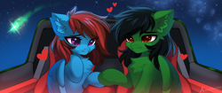 Size: 2580x1080 | Tagged: safe, artist:airiniblock, oc, oc only, oc:kendall wilson, oc:lucid heart, pegasus, pony, rcf community, bust, car, chest fluff, commission, duo, ear fluff, female, heart, heart eyes, holding hooves, hooves, love, male, mare, partially open wings, pegasus oc, signature, sitting, sky, stars, straight, underhoof, wingding eyes, wings