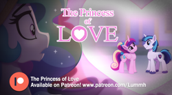 Size: 1000x556 | Tagged: safe, artist:lummh, artist:whitequartztheartist, princess cadance, princess celestia, shining armor, alicorn, pony, unicorn, comic:the princess of love, g4, colt, colt shining armor, female, filly, filly cadance, looking at each other, looking at someone, male, mare, patreon, patreon logo, ship:shiningcadance, shipping, stallion, straight, teen princess cadance, younger