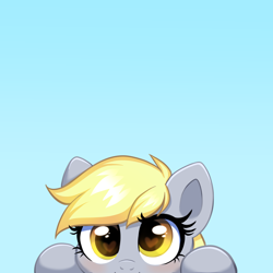 Size: 4000x4000 | Tagged: safe, artist:confetticakez, derpy hooves, pegasus, pony, g4, blue background, cute, derpabetes, female, heart, heart eyes, looking at you, mare, peeking, simple background, solo, wingding eyes