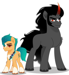 Size: 3699x4000 | Tagged: safe, artist:orin331, hitch trailblazer, king sombra, earth pony, pony, umbrum, unicorn, g4, g5, blaze (coat marking), coat markings, corrupted, crystal, curved horn, dark magic, duo, duo male, earth pony crystal, eyebrows, facial markings, frown, g5 to g4, generation leap, harness, high res, horn, looking at you, magic, male, movie accurate, possessed, simple background, size difference, slit pupils, smiling, smiling at you, socks (coat markings), stallion, star (coat marking), tack, transparent background, unshorn fetlocks