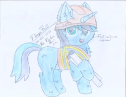 Size: 2194x1700 | Tagged: safe, artist:fliegerfausttop47, derpibooru exclusive, oc, oc only, oc:the luna fan, pony, unicorn, birthday gift, blueprint, chest fluff, clothes, ear fluff, hard hat, hat, horn, looking at you, safety vest, simple background, smiling, solo, traditional art, unicorn oc, white background
