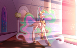 Size: 3200x2000 | Tagged: safe, artist:digitaldrawingmachine, princess celestia, alicorn, pony, g4, canterlot castle, crepuscular rays, crown, ethereal mane, ethereal tail, female, high res, hoof shoes, jewelry, mare, raised hoof, regalia, solo, stained glass, tail