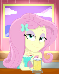 Size: 1080x1363 | Tagged: safe, artist:dashdeviant, fluttershy, human, equestria girls, g4, alcohol, beer, eyeshadow, female, lidded eyes, looking at you, makeup, mug, smiling, smiling at you, solo