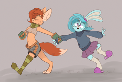 Size: 2010x1352 | Tagged: safe, artist:rexyseven, oc, oc only, oc:rusty gears, oc:whispy slippers, fox, rabbit, anthro, digitigrade anthro, animal, anthro oc, barely pony related, bunnified, clothes, duo, duo female, female, foxified, furry, glasses, midriff, non-pony oc, scarf, slippers, socks, species swap, stockings, striped scarf, striped socks, thigh highs
