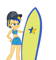 Size: 700x750 | Tagged: safe, artist:mlpfan3991, oc, oc only, oc:flare spark, human, equestria girls, g4, belly button, cap, clothes, cutie mark, female, hat, simple background, solo, surfboard, swimming trunks, swimsuit, tomboy, white background