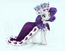 Size: 1500x1178 | Tagged: safe, artist:maytee, color edit, edit, princess platinum, rarity, pony, unicorn, g4, cape, clothes, colored, costume, crown, female, jewelry, mare, regalia, smiling, solo, traditional art