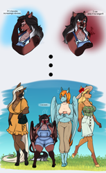 Size: 2155x3532 | Tagged: safe, artist:blackblood-queen, oc, oc only, oc:cocoa nutt, oc:lady lovegreen, oc:olive branch, deer, deer pony, dracony, dragon, hybrid, original species, pegasus, saddle arabian, anthro, unguligrade anthro, angry, anthro oc, belly button, big breasts, blouse, breasts, busty oc, cellphone, cleavage, clothes, cloven hooves, commission, cute, dialogue, female, frustrated, glasses, height difference, high res, huge breasts, leonine tail, madorable, mare, milf, mole, overalls, pegasus oc, phone, raffle prize, saddle arabian oc, shortstack, smol, spongebob squarepants, tail, thick