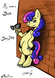Size: 3508x4961 | Tagged: safe, artist:memprices, bon bon, sweetie drops, earth pony, pony, g4, absurd resolution, against wall, bipedal, bowtie, dreamworks face, female, james bond, looking at you, mare, procreate app, simple background, smug, solo, spy, sunglasses, watch, white background