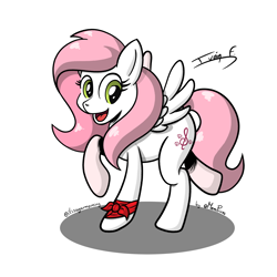 Size: 2750x2750 | Tagged: safe, artist:memprices, oc, oc only, oc:sugar morning, pegasus, pony, high res, looking at you, open mouth, open smile, pegasus oc, raised hooves, simple background, smiling, solo, spread wings, white background, wings