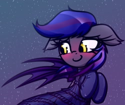 Size: 1670x1400 | Tagged: safe, artist:jetwave, oc, oc only, oc:firestarter, bat pony, pony, bat pony oc, blushing, choker, clothes, commission, dress, evening gloves, female, floppy ears, gloves, long gloves, looking back, mare, night, smiling, solo, spread wings, stars, two toned mane, wings