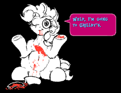 Size: 852x658 | Tagged: safe, artist:frist44, pinkie pie, earth pony, pony, g4, belly button, chubby, crossover, female, fluffy, food, hooves, hot dog, joke, ketchup, mare, meat, not blood, reference, sauce, sausage, shitposting, shrug, sitting on hind legs, speech bubble, underhoof, undertale, veggie dog