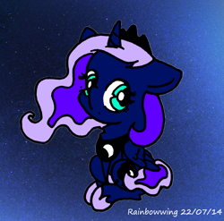 Size: 1811x1791 | Tagged: safe, artist:rainbowwing, princess luna, alicorn, pony, g4, :<, crown, ears back, female, filly, folded wings, hoof shoes, jewelry, looking at you, mare, necklace, regalia, signature, sitting, solo, starry background, stars, wings, woona, younger