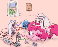 Size: 2000x1600 | Tagged: safe, artist:nedemai, pinkie pie, earth pony, pony, g4, atg 2022, fan, game boy, newbie artist training grounds, power bar, smiling, solo, summer, thermometer, window, windswept mane