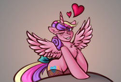 Size: 1479x1003 | Tagged: safe, artist:anon_1515, princess cadance, alicorn, pony, semi-anthro, g4, arm hooves, blushing, bow, chest fluff, clothes, eyebrows, eyebrows visible through hair, female, fishnet clothing, fishnet stockings, floppy ears, freckles, gradient background, hair bow, heart, heart eyes, looking at you, one eye closed, pose, rock, smiling, smiling at you, solo, spread wings, stockings, tail, tail bow, teen princess cadance, thigh highs, wingding eyes, wings, wink, winking at you