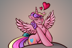 Size: 1479x1003 | Tagged: safe, artist:anon_1515, princess cadance, alicorn, pony, semi-anthro, g4, arm hooves, blushing, bow, chest fluff, eyebrows, eyebrows visible through hair, female, floppy ears, freckles, hair bow, heart, heart eyes, looking at you, one eye closed, pose, rock, simple background, smiling, smiling at you, solo, spread wings, tail, tail bow, teen princess cadance, wingding eyes, wings, wink, winking at you