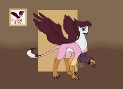 Size: 2200x1600 | Tagged: safe, ai assisted, ai content, ai reference, artist:socialgutbrain777, generator:craiyon, oc, unnamed oc, griffon, abstract background, ai interpretation, bracelet, clothes, female, gem, griffon oc, jewelry, leg warmers, leonine tail, raised leg, redraw, solo, spread wings, tail, wings