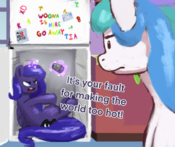 Size: 2447x2048 | Tagged: safe, artist:phutashi, princess celestia, princess luna, alicorn, pony, gamer luna, g4, atg 2022, dialogue, duo, female, filly, foal, high res, levitation, magic, mare, newbie artist training grounds, pony in fridge, psp, refrigerator, refrigerator magnets, royal sisters, shopping list, siblings, silly princess stuff, sisters, summer, telekinesis, woona, younger