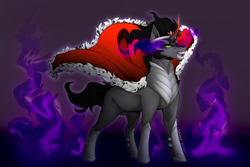 Size: 6000x4000 | Tagged: safe, artist:luzreal, king sombra, pony, unicorn, g4, angry, antagonist, black mane, cape, clothes, colored horn, curved horn, digital art, fangs, fire, hoof shoes, horn, male, nudity, open mouth, purple background, royal cape, sheath, signature, simple background, solo, sombra eyes, sombra horn, stallion, teeth