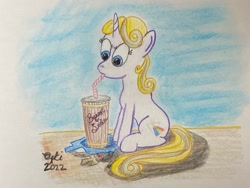 Size: 2100x1575 | Tagged: safe, artist:opti, oc, oc only, oc:guiding light, pony, unicorn, atg 2022, drinking straw, newbie artist training grounds, sitting, soda, solo, traditional art