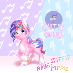 Size: 4500x4500 | Tagged: safe, artist:felldeal, pipp petals, zipp storm, pegasus, pony, g5, female, fusion, heterochromia, looking at you, mare, patterned background, rubbing leg, solo