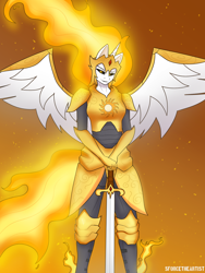 Size: 1440x1920 | Tagged: safe, artist:sforcetheartist, daybreaker, alicorn, anthro, g4, armor, fire, looking at you, smiling, smirk, solo, spread wings, sword, weapon, wings