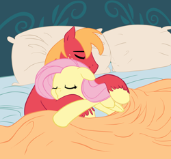 Size: 2150x2000 | Tagged: safe, anonymous artist, artist:carnifex, edit, big macintosh, fluttershy, earth pony, pegasus, pony, g4, bed, blanket, colored, cuddling, cuddling in bed, eyes closed, female, flat colors, floppy ears, high res, in bed, lying down, male, mare, on side, pillow, ship:fluttermac, shipping, sleeping, smiling, stallion, straight