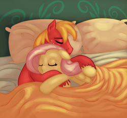 Size: 2150x2000 | Tagged: safe, alternate version, anonymous artist, artist:carnifex, edit, big macintosh, fluttershy, earth pony, pegasus, pony, g4, bed, blanket, colored, cuddling, cuddling in bed, eyes closed, female, floppy ears, high res, in bed, lying down, male, mare, morning, on side, pillow, shading, ship:fluttermac, shipping, sleeping, smiling, stallion, straight