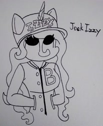 Size: 2163x2641 | Tagged: safe, artist:spoopygirl, izzy moonbow, unicorn, anthro, g5, clothes, female, glasses, hand in pocket, hat, high res, jacket, jock, monochrome, smiling, solo, sunglasses, traditional art, varsity jacket