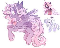 Size: 2500x2000 | Tagged: safe, artist:avroras_world, oc, oc only, oc:elisabeth mooncrest, alicorn, pony, alicorn oc, bow, curly hair, female, fusion, high res, horn, looking back, mare, simple background, smiling, solo, white background, wings