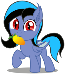 Size: 2940x3310 | Tagged: safe, artist:strategypony, oc, oc only, oc:midnight grave, bat pony, bat pony oc, cute, cute little fangs, daaaaaaaaaaaw, ear tufts, fangs, female, filly, foal, food, fruit, herbivore, high res, looking at you, mango, mouth hold, nom, ocbetes, red eyes, simple background, solo, tail, transparent background, two toned mane, two toned tail, walking, wings