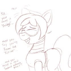 Size: 2000x2000 | Tagged: safe, artist:dafiltafish, oc, oc:fridge, pony, robot, robot pony, atg 2022, eyes closed, grin, high res, newbie artist training grounds, silly, sketch, smiling, solo