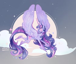 Size: 1534x1278 | Tagged: safe, artist:costly, twilight sparkle, alicorn, pony, g4, cloud, eye clipping through hair, eyebrows, eyebrows visible through hair, female, flying, horn, looking back, mare, moon, night, signature, sky, solo, spread wings, twilight sparkle (alicorn), wings