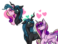 Size: 2616x2000 | Tagged: safe, artist:shamy-crist, princess cadance, queen chrysalis, alicorn, changeling, changeling queen, pony, g4, angry, duo, duo female, female, folded wings, frown, heart, high res, infidelity, kissing, lesbian, ship:cadalis, shipping, simple background, teeth, tongue out, white background, wings