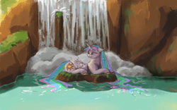 Size: 1280x800 | Tagged: safe, artist:da-exile, princess celestia, alicorn, pony, g4, :3, atg 2022, cute, cutelestia, eyes closed, female, floppy ears, lying down, mare, newbie artist training grounds, prone, smiling, solo, tail, water, waterfall, wet, wet mane, wet tail