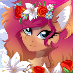 Size: 2500x2500 | Tagged: safe, artist:stesha, oc, oc only, oc:nova, pegasus, pony, blue eyes, bust, chest fluff, commission, female, flower, flower in hair, gradient mane, high res, looking at you, mare, portrait, sky background, solo, ych result