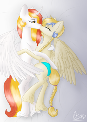 Size: 1425x2000 | Tagged: artist needed, source needed, safe, golden feather, princess celestia, oc, oc:king phoenix, alicorn, pegasus, pony, g4, spoiler:comic, spoiler:comic65, alicorn oc, bed, canon x oc, clothes, duo, duo male and female, eyes closed, feathered wings, female, horn, imminent sex, kiss on the lips, kissing, light, lying down, male, mare, on side, pegasus oc, shipping, signature, spread wings, stallion, straight, underwear, wings