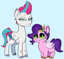 Size: 2021x1877 | Tagged: safe, artist:swagstapiece, pipp petals, zipp storm, pegasus, pony, g5, colored, dilated pupils, duo, female, headband, lidded eyes, looking at you, mare, pipp is short, pipp is smol, royal sisters (g5), siblings, simple background, sisters, smiling, smol, unshorn fetlocks
