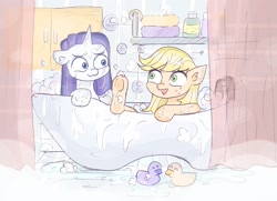 Size: 2048x1485 | Tagged: safe, artist:reyam, applejack, rarity, earth pony, pony, unicorn, g4, :3, bath, bathroom, bathtub, bubble, bubble bath, duo, duo female, female, freckles, hatless, horn, lesbian, looking at each other, looking at someone, mare, missing accessory, rubber duck, ship:rarijack, shipping, underhoof, wet, wet mane