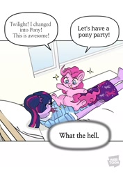 Size: 1078x1524 | Tagged: safe, artist:reyam, pinkie pie, sci-twi, twilight sparkle, earth pony, human, pony, equestria girls, g4, bed, clothes, dialogue, duo, duo female, female, glasses, human to pony, implied transformation, looking at someone, mare, simple background, sparkles, speech bubble, underhoof, white background