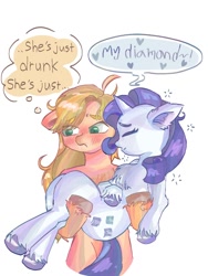 Size: 768x1024 | Tagged: safe, artist:reyam, applejack, rarity, earth pony, pony, unicorn, g4, bipedal, blushing, carrying, chest fluff, dialogue, drunk, drunk rarity, duo, eye clipping through hair, eyes closed, female, go home you're drunk, hatless, heart, horn, lesbian, looking away, loose hair, missing accessory, ship:rarijack, shipping, simple background, speech bubble, thought bubble, unshorn fetlocks, white background