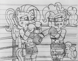 Size: 1280x997 | Tagged: safe, artist:ct1443ae, fluttershy, pinkie pie, earth pony, pegasus, semi-anthro, g4, boxing, boxing gloves, boxing ring, duo, lined paper, mouth guard, open mouth, pencil drawing, sports, traditional art