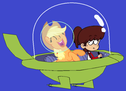 Size: 648x472 | Tagged: safe, artist:guihercharly, applejack, earth pony, human, g4, astrojack, caption, crossover, driving, glass dome, image macro, laughing, lynn loud, space car, space helmet, text, the jetsons, the loud house