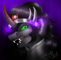 Size: 1280x1274 | Tagged: safe, artist:kopyket, king sombra, pony, unicorn, g4, antagonist, black mane, colored horn, crown, curved horn, digital art, fangs, horn, jewelry, male, open mouth, purple background, regalia, signature, simple background, solo, sombra eyes, sombra horn, stallion, teeth