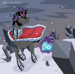 Size: 1280x1274 | Tagged: safe, artist:kopyket, king sombra, pony, unicorn, g4, black mane, cape, clothes, colored horn, crown, crystal, crystal heart, curved horn, digital art, hoof shoes, horn, jewelry, looking up, magic, male, raised hoof, red horn, regalia, sky, snow, solo, sombra eyes, sombra horn, stallion, walking