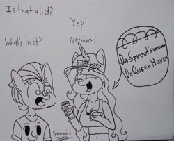 Size: 2922x2370 | Tagged: safe, artist:spoopygirl, izzy moonbow, sprout cloverleaf, earth pony, unicorn, anthro, g5, comic, female, high res, implied phyllis cloverleaf, implied queen haven, male, mare, stallion, traditional art